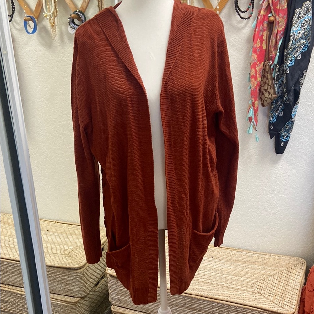 Hooded Rust colored Open-Front Cardigan Sweater with detailed siding